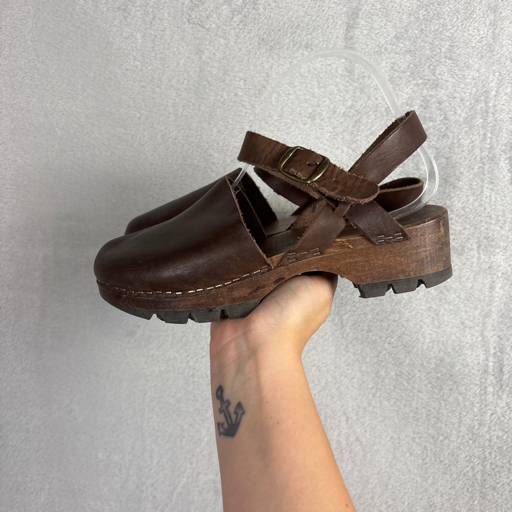Vintage Aldo Brown Leather Wooden Clogs Slingback Made in Italy 38 Lug Sole - Picture 2 of 8